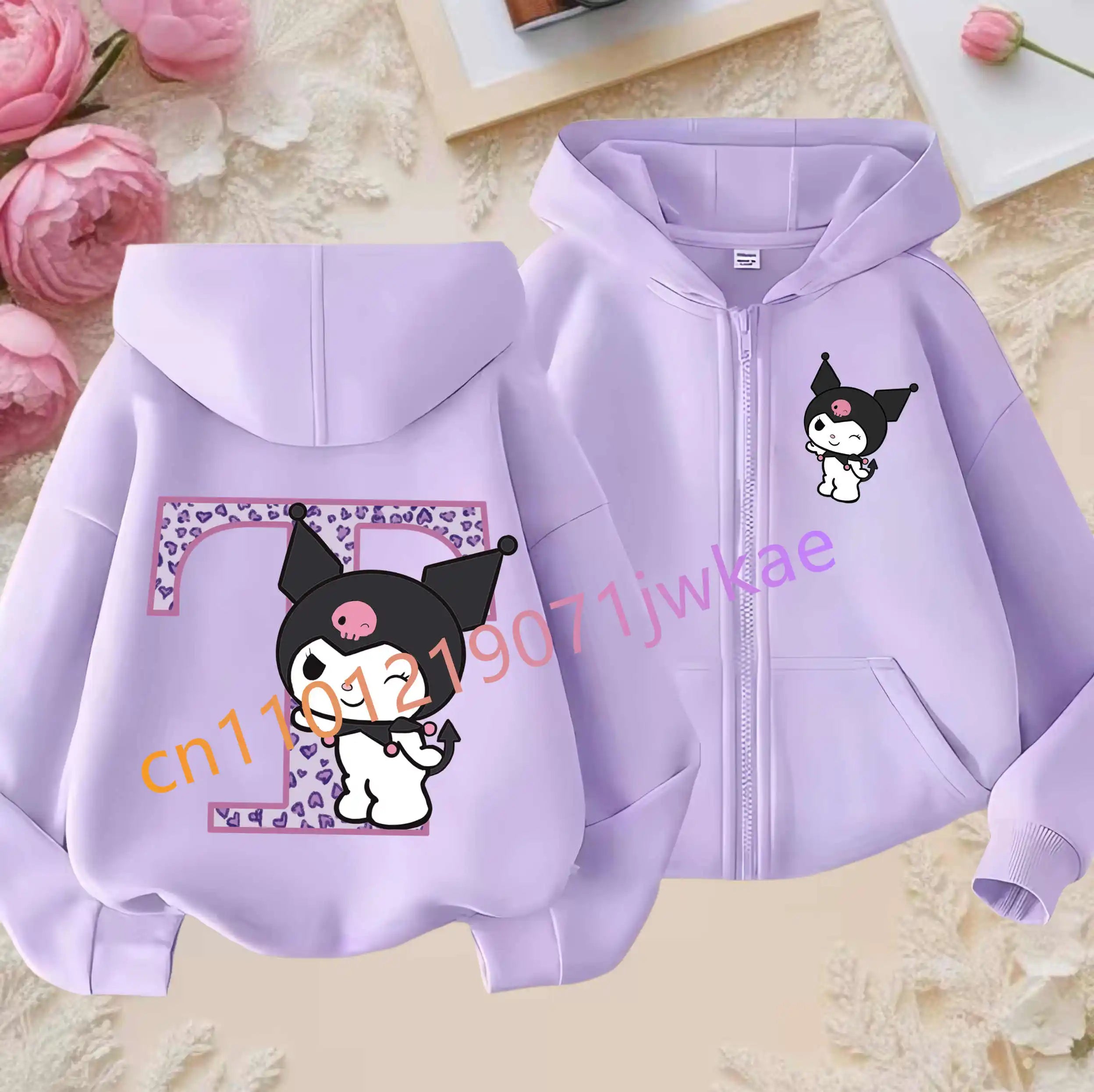 Kuromi Jacket ‌Princess Coat Cartoon Letter A-Z Sanrios Kids Hooded Sweatshirt Cute Tops Outerwear Girl Clothes Birthday Gift