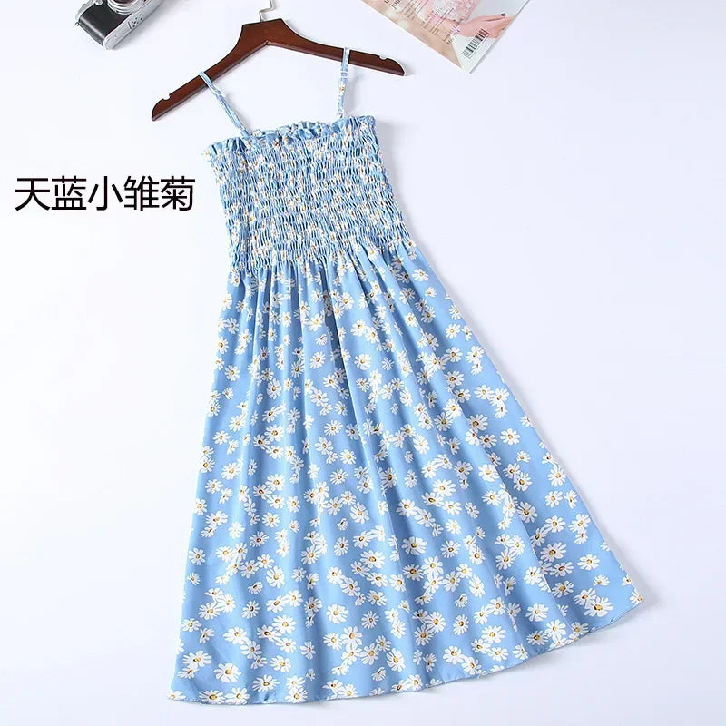 Summer Chiffon Camisole Sleeveless Dress Women Mini Dresses Fashion Elastic  Waist Casual Spaghetti Strap Dresses Vestidos Girls