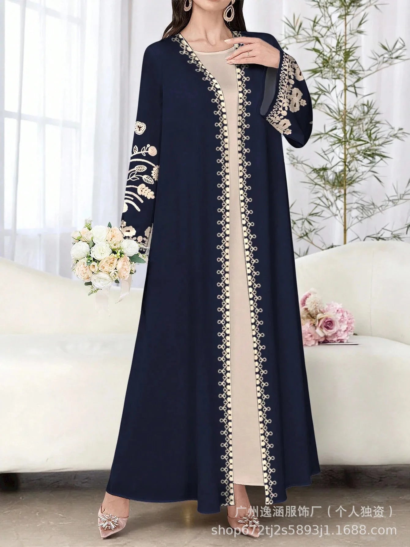 Muslim Women's Long Sleeve Printed Abaya Cardigan Elegant Fashion plus Size Outerwear Polyester Fabric Digital Printing