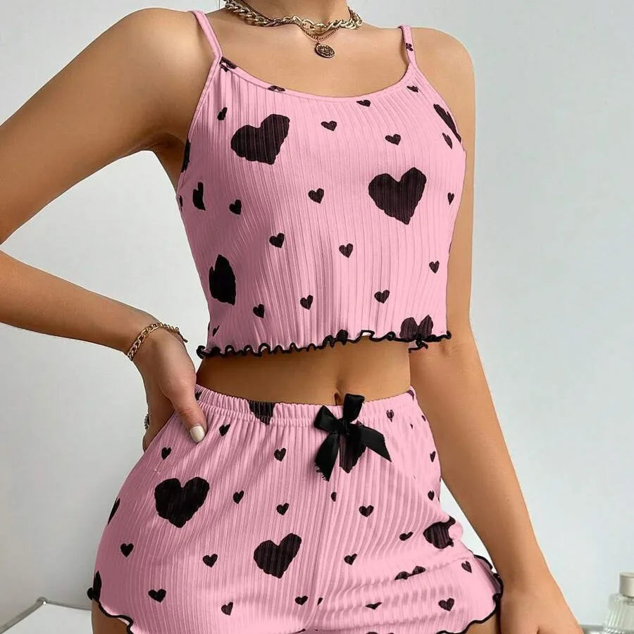 2 Pieces Set Women'S Pajama Shorts Suit home wear Print Underwear Pajama Sexy Lingerie