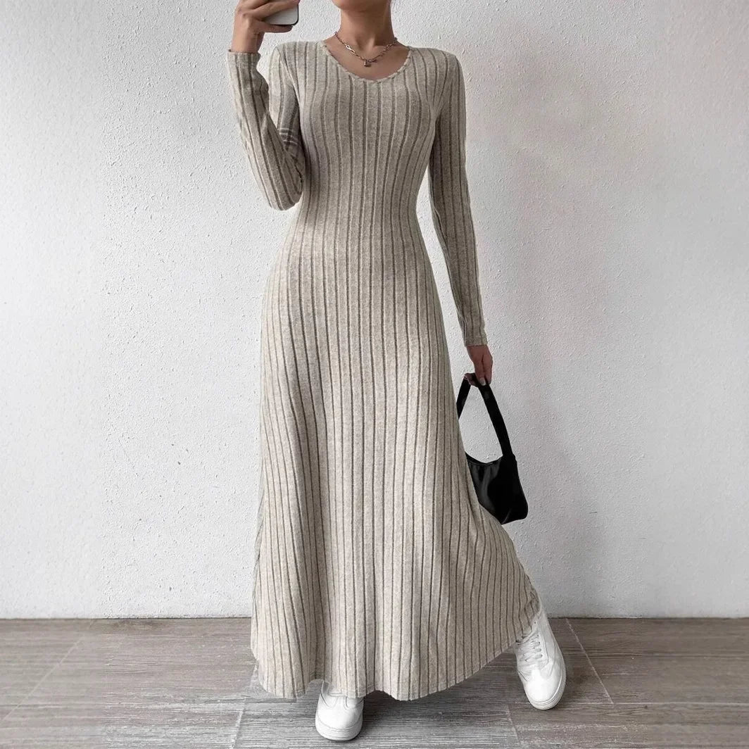 Fashionable Knitted Long Sleeve A- Line Streetwear Dress For Women Smooths And Slims Your Silhouette Solid Color Long Dress