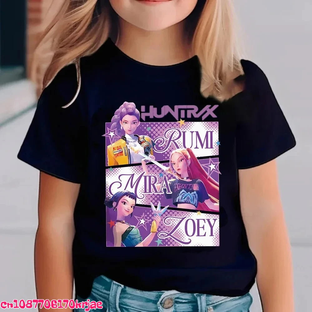 Hot Kpop Demon Hunters Children's T Shirt Short Sleeve Boys Kdis T-shirt Cute Kpop Demon Hunters Harajuku Tshirt for Boys Girls