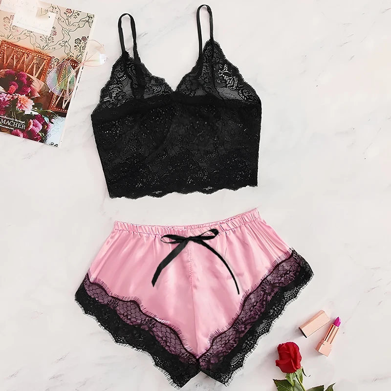 Women's 2 Piece Sexy Lace Pajama Set See