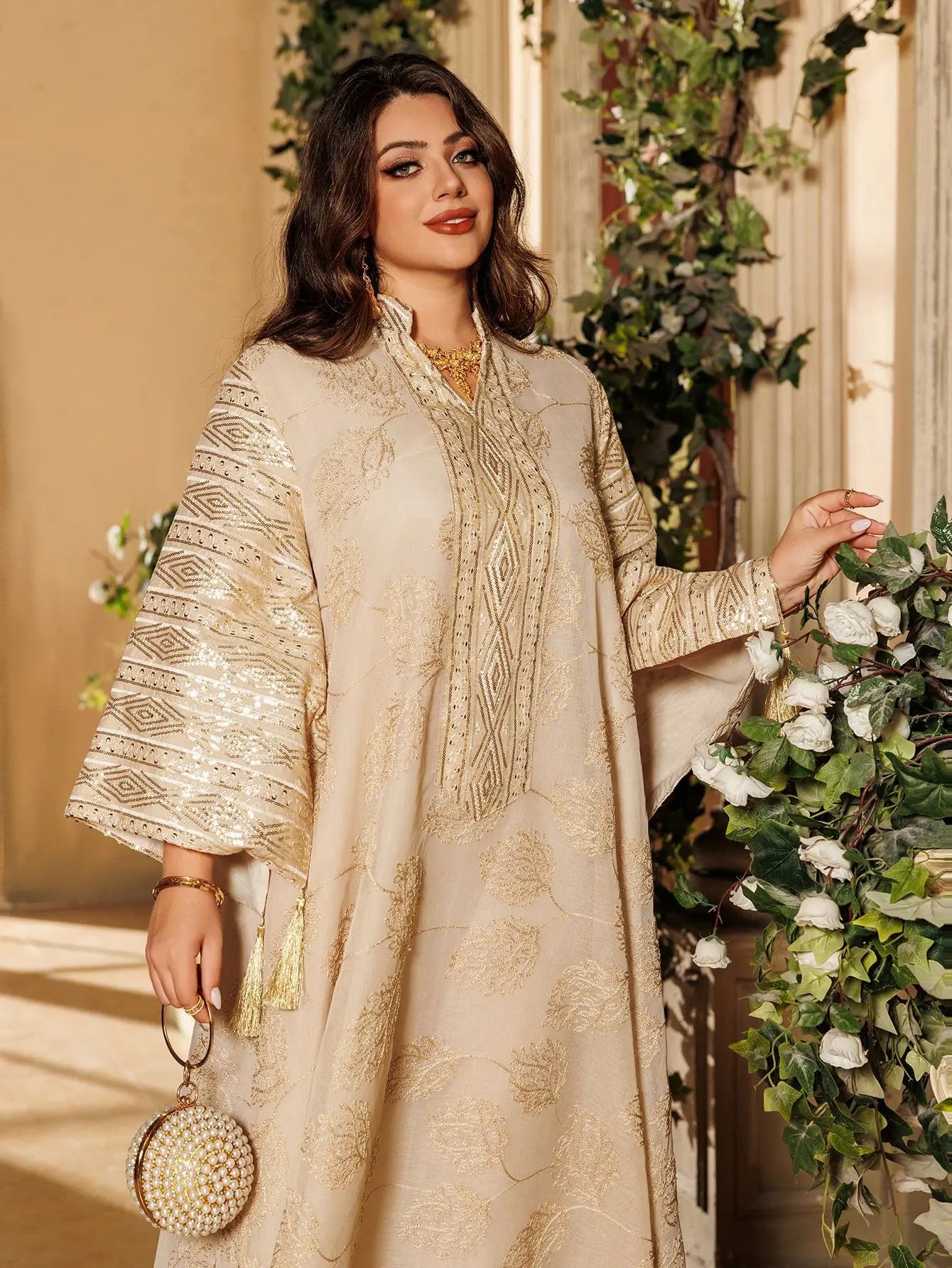 Elegant Beige Abaya for Islamic Ladies Intricate Gold Embroidery idea for Festivities and Religious Ceremonies in Middle East