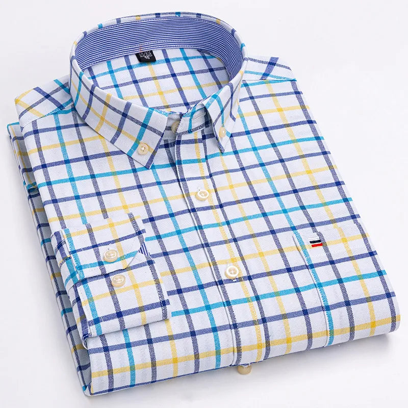 Men's 100% Cotton Shirt Long Sleeve Plaid Oxford Casual Solid Color Print Regular Fit Formal Dress Shirt Oversized 7XL  6XL 5XL