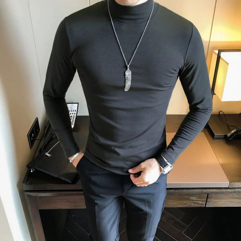 Spring New Men's Turtleneck T-shirt Long Sleeve Slim Fit Solid Color High Elastic Bottoming Pullovers Basic Style Male Tops