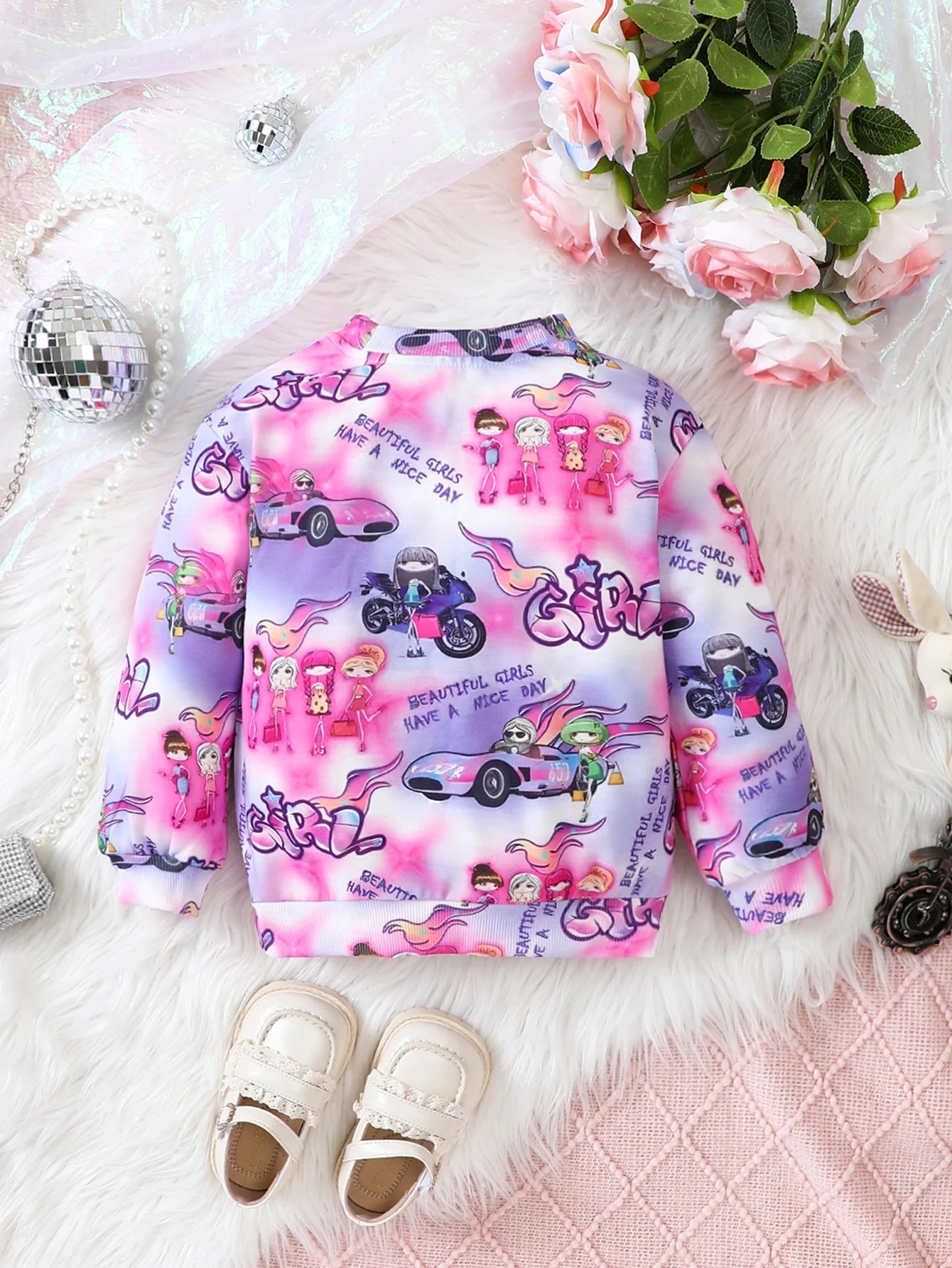 Girls' Casual Fashion Knitted Long-Sleeved Round-Neck Cartoon Print Sweatshirt Pullover