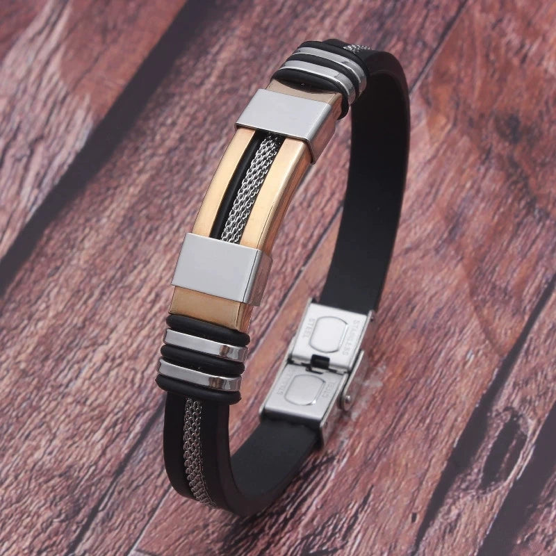 HNSP Stainless Steel Silicone Leather Bracelet For Men Cable Line Hand Chain Punk Jewelry Accessories Male Gift