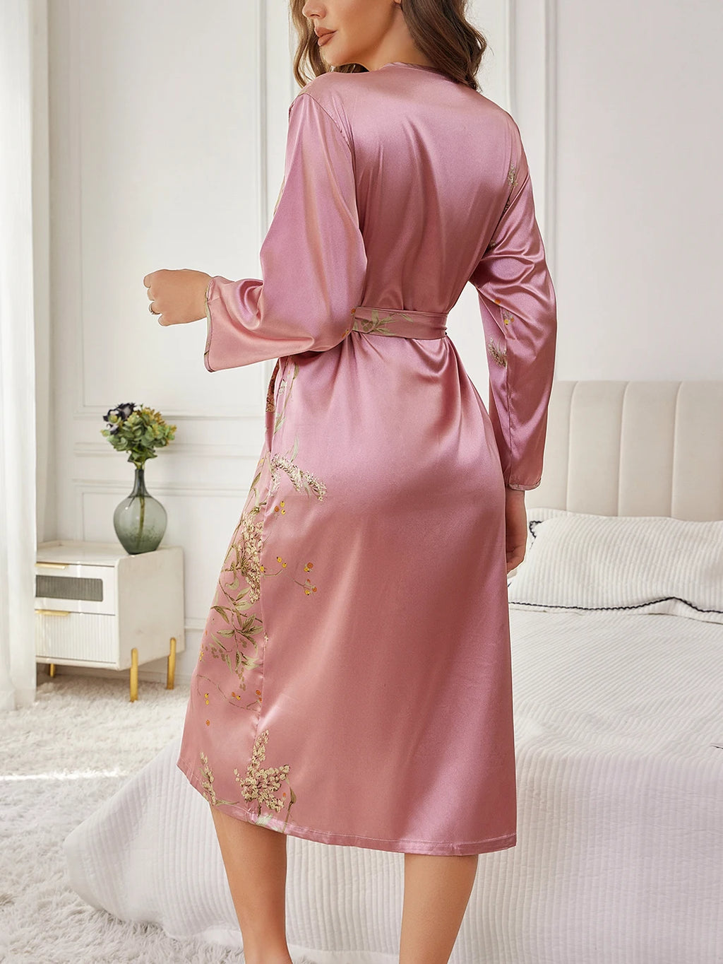 Women's Elegant Silk Robe Floral Print Loose Fit Long Sleeve Breathable Loungewear All-Season