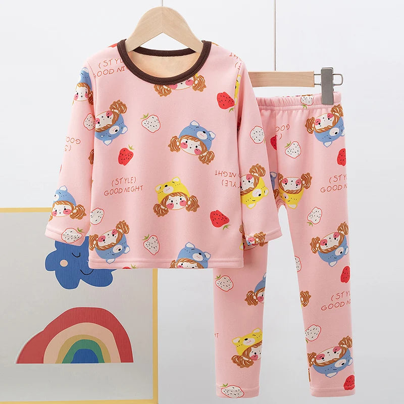2-piece winter plus velvet children's cute printed pattern long-sleeved trousers for boys and girls Joker pajamas home service s