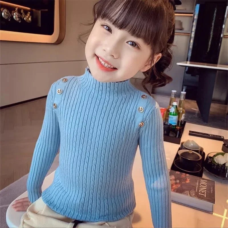 Girls Sweater Winter Decorative Buttons High Neck Solid Color Bottom Shirt Multicolour Children High Elasticity Knit Pullover