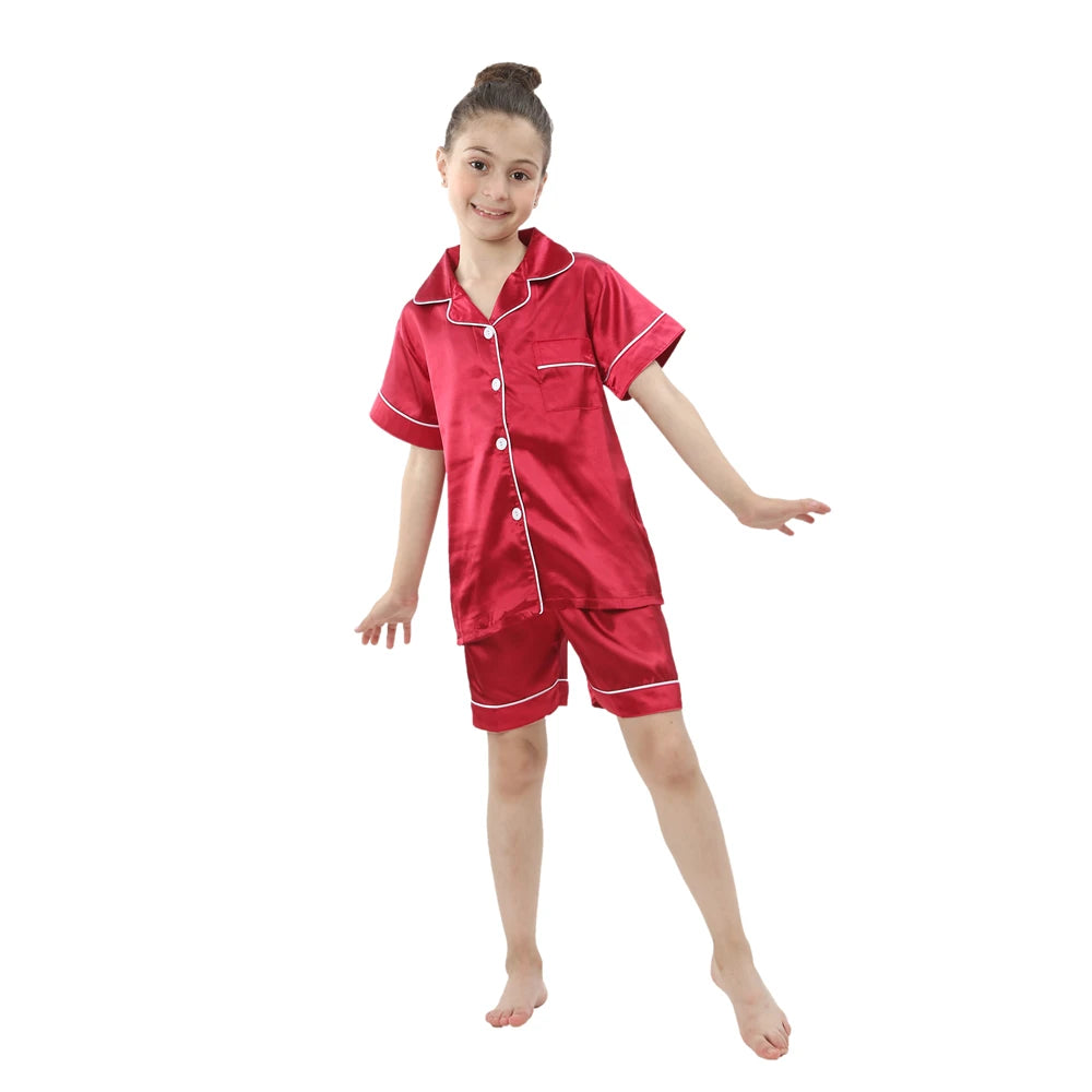 Boys Girls Satin Silk Pajamas Sets for Kids Toddler 2 to 3 4 5 6 7 8 9 10 11 12 13 14 Years Long/Short Sleeved Pink Red Pijamas