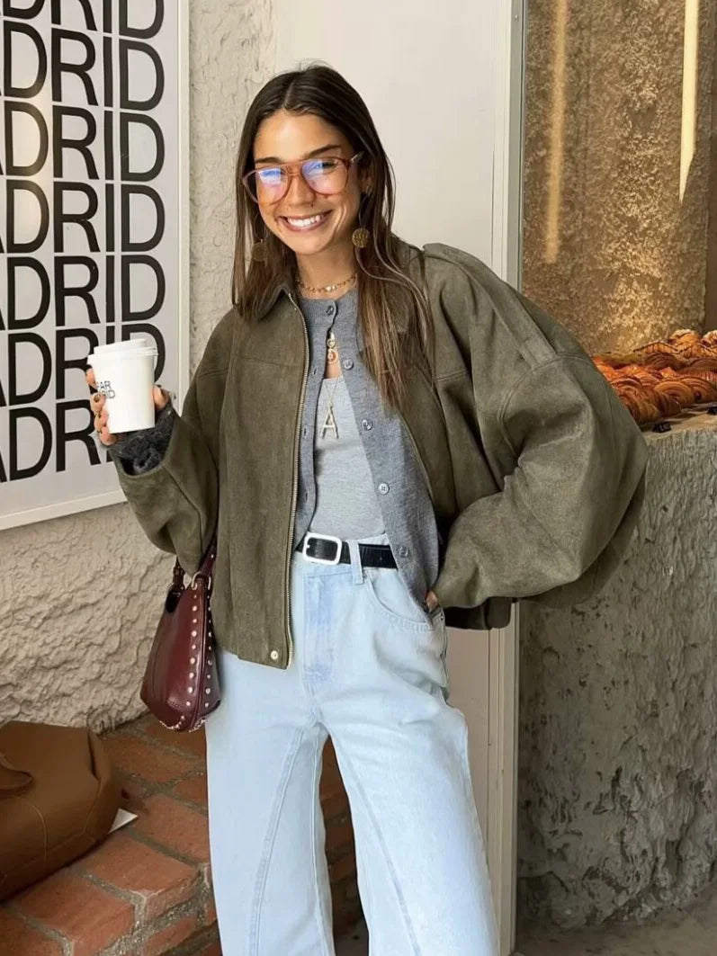 Vintage Women Green Oversize Bomber Jackets 2025 Fashion Ladies Elegant Loose Soft Outfits Jacket for Party Female Chic Clothes