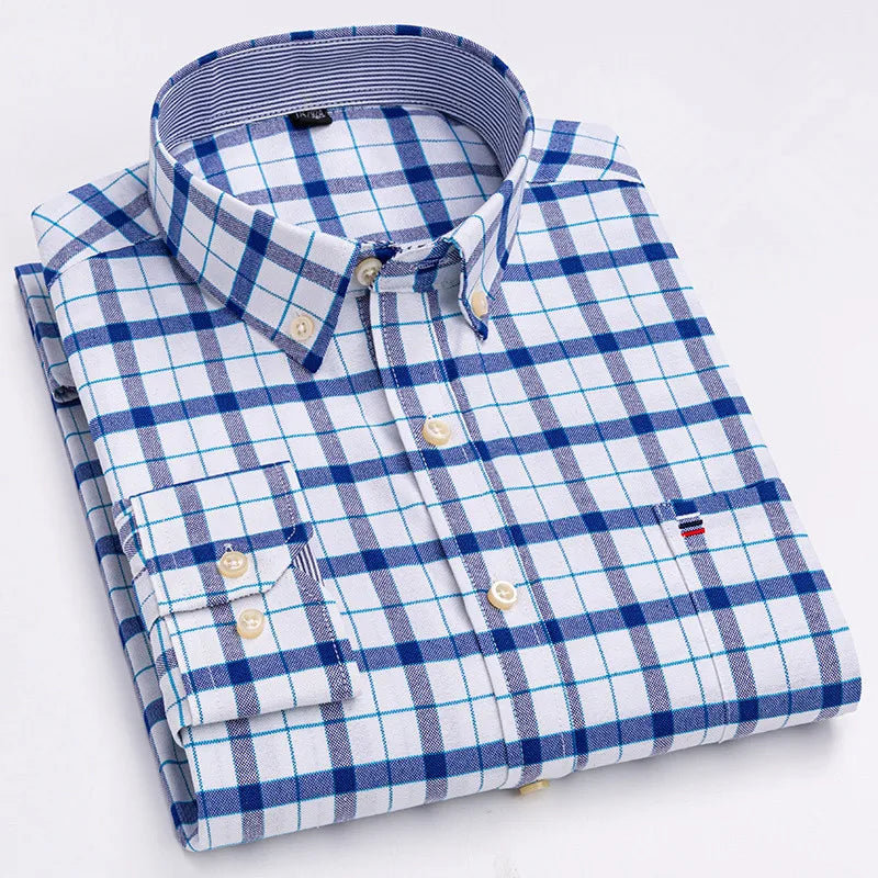 Men's 100% Cotton Shirt Long Sleeve Plaid Oxford Casual Solid Color Print Regular Fit Formal Dress Shirt Oversized 7XL  6XL 5XL