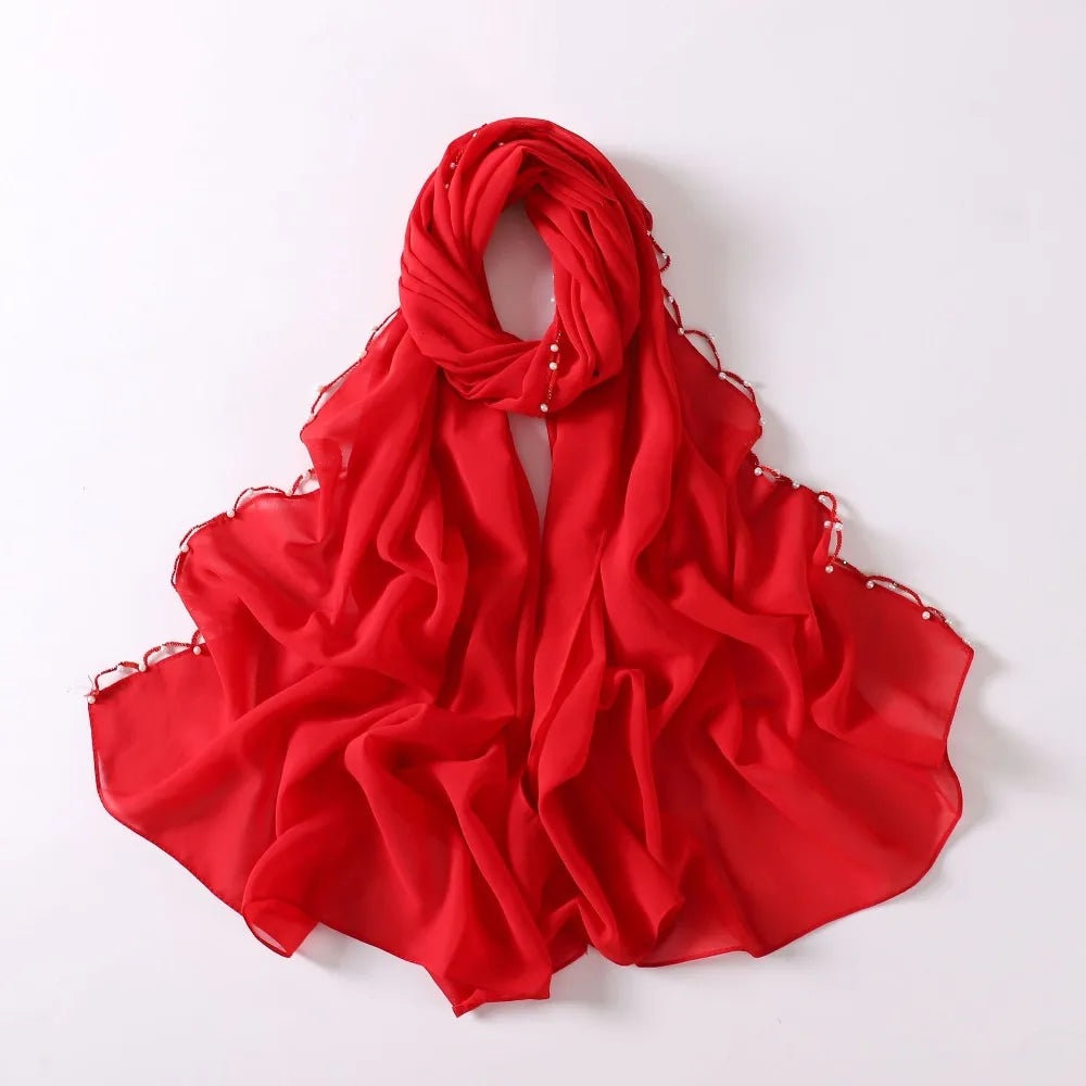 Luxury Beads Islamic Turban Pearls Chiffon Wraps Shawl Long Bandana Malaysia Headscarf Women