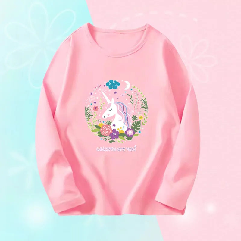 3~14 Years Girl Long Sleeve T-Shirts Cute Sweet Girl Tee Tops Cute Cat Graphic O-Neck Top Little Girl Casual T-Shirts
