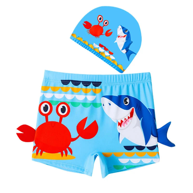 Boys Beach Trunks Toddler Boy Cartoon Crab And Shark Graphic Swim Shorts Wth Hat 2pcs Set For Swimming Beach Kids Summer Clothes