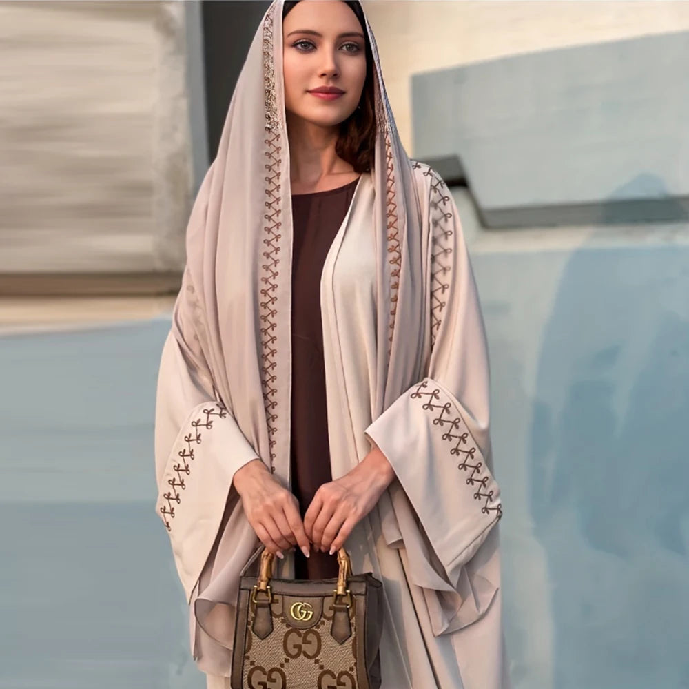 New Arrival Buckles Embroidery Abaya Hijab Dress Kimono Coat Outwear Women Long Sleeve Loose Arabic Muslim Dubai Moroccan Caftan