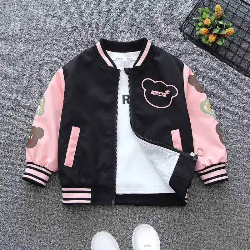 2025 Spring Autumn New Boys Girls Jacket Cartoon Bear Letter Print Baseball Uniform For 4-12 Years Children Sports Outerwear