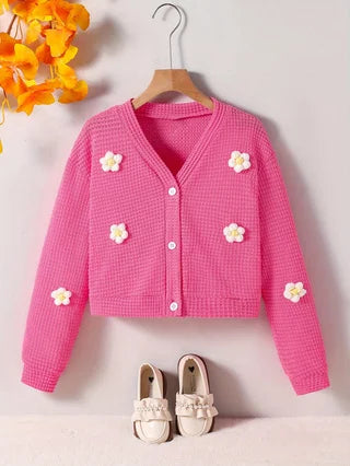 Pre-teen Girls' Casual Floral-Print Cardigan Sweater – Ideal for Autumn, Vacations, Summer and Travel