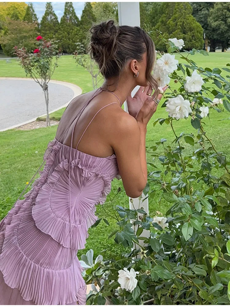 Chic Irregular Chiffon Halter Neck Maxi Dress Lotus Edge High Quality Vacation Gown 2025 New Lady Party Fashion Dresses