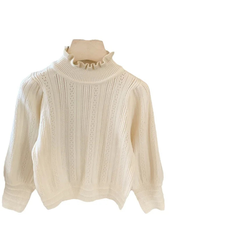 Girls Sweater Autumn Winter Rabbit Velvet Lace Bubble Sleeves Knitted Wool Soft Comfortable Sweet and Cute Daily Temperament