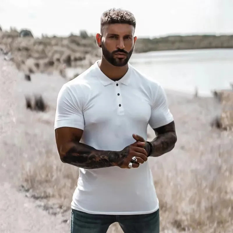 New Summer Fashion Mens Solid Short Sleeve Polo Shirts Slim Fit Turn Collar Male Gym Bodybuilding Fitness Polo Shirt