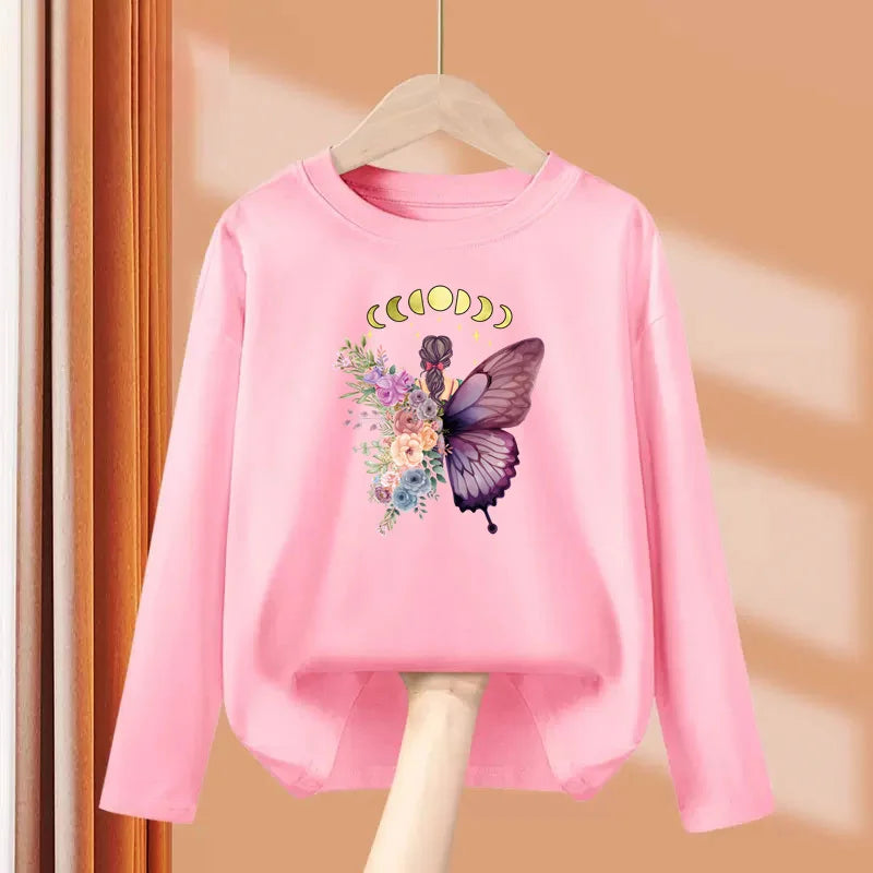Children Long Sleeved T-shirt Butterfly Girl Fashion Top Spring Cotton Clothes Girls Butterfly Printed Tshirt 3-14T