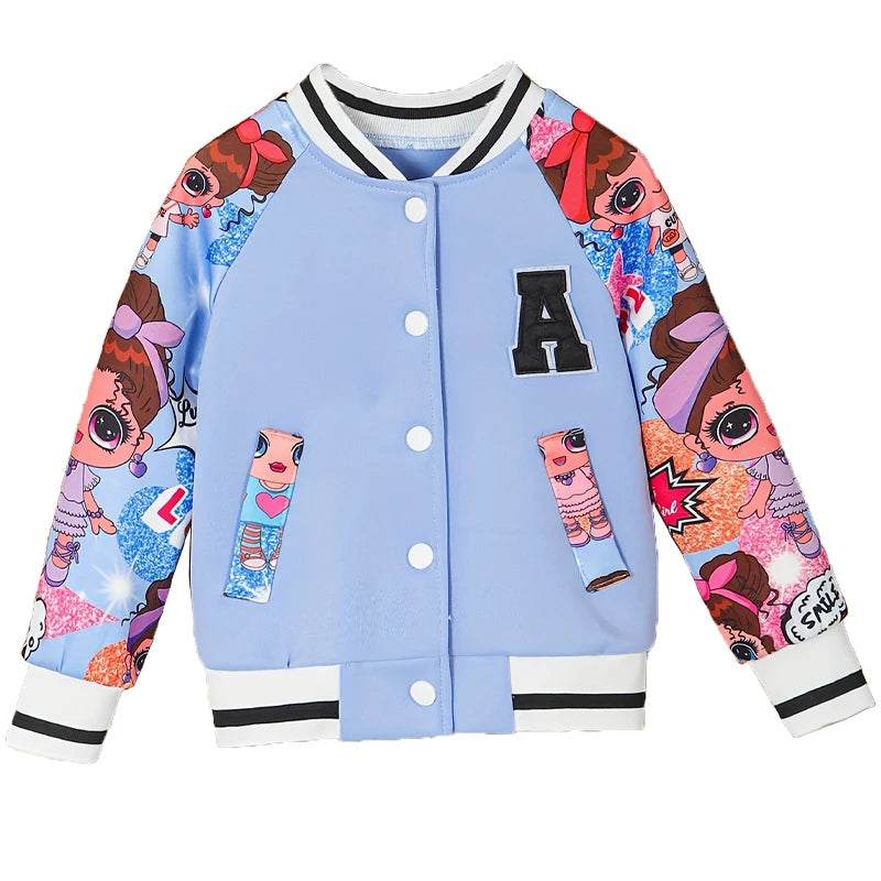 Girls Letter "A" Pattern Cartoon Doll Print Baseball Uniform Jacket, Children's Spring and Autumn Casual Jacket