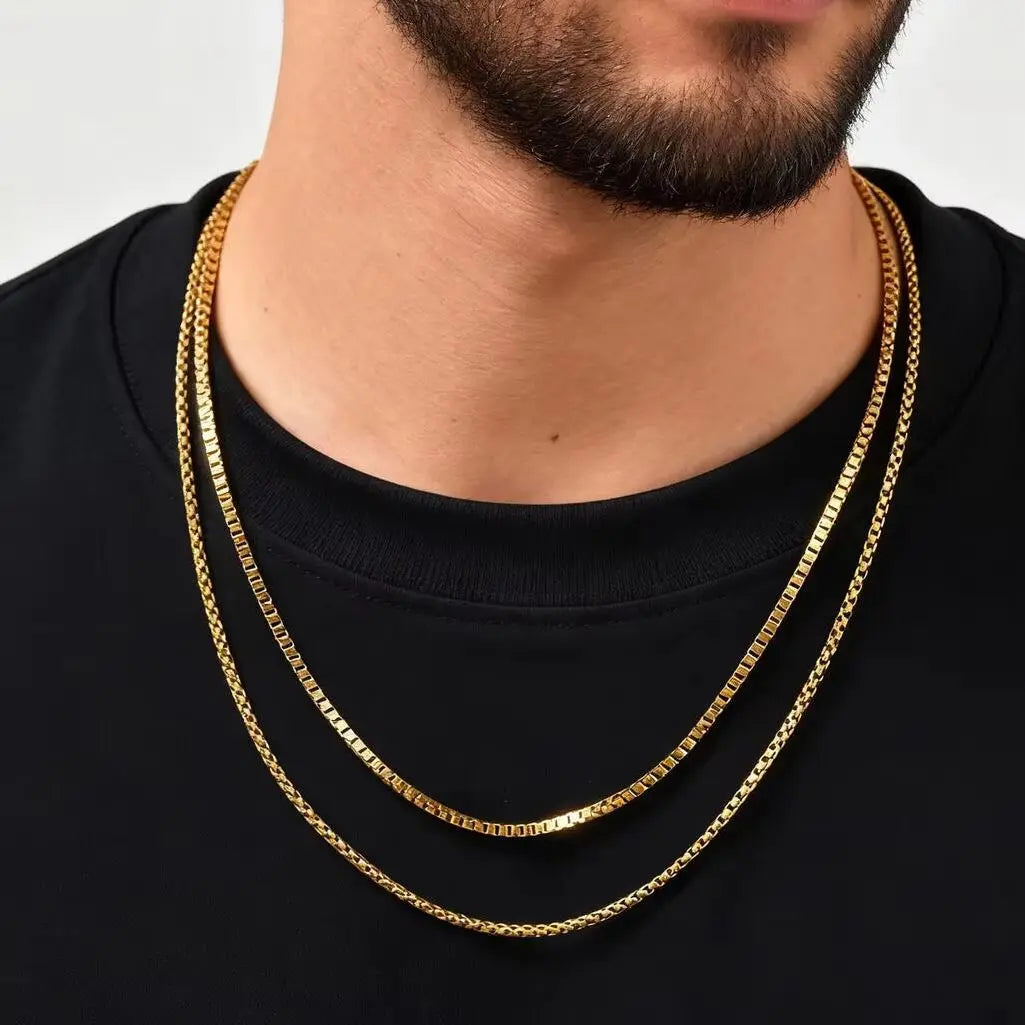 2pcs/set Thin Chain Necklace for Men Boys,Stainless Steel Gold Silver Color Box Chain Collars,Stylish Male Jewelry Gift