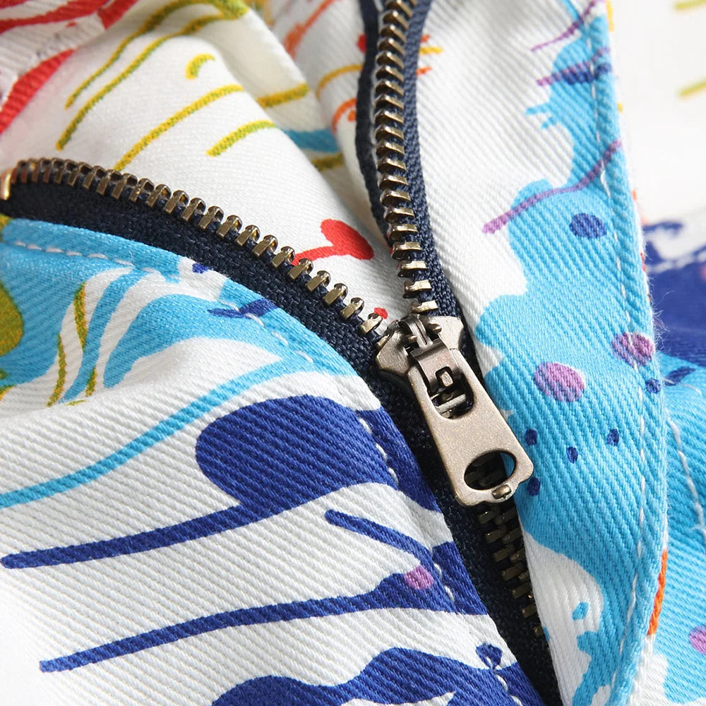 Men Fancy Color Painted Shorts Summer Y2K Stretch Denim Breeches Digital Print White Jeans