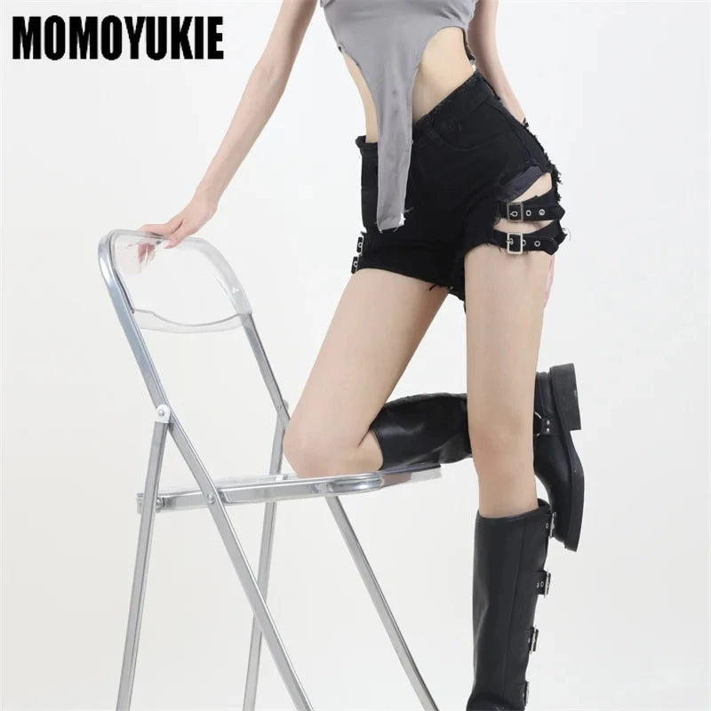 Summer Vintage Trend Hot Girls Harajuku High Waisted Irregular Denim Shorts Goth Rock Sexy Women Shorts Slimming Versatile
