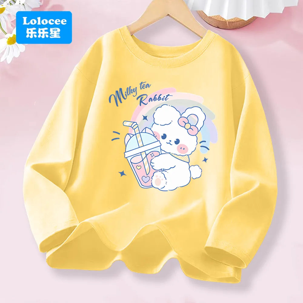 3-14years Girls' Pink Long Sleeve T-shirt - Cute "FRESH" Drink & Animal Print Kids Cotton Top 2026 Spring New