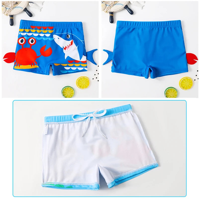 Boys Beach Trunks Toddler Boy Cartoon Crab And Shark Graphic Swim Shorts Wth Hat 2pcs Set For Swimming Beach Kids Summer Clothes