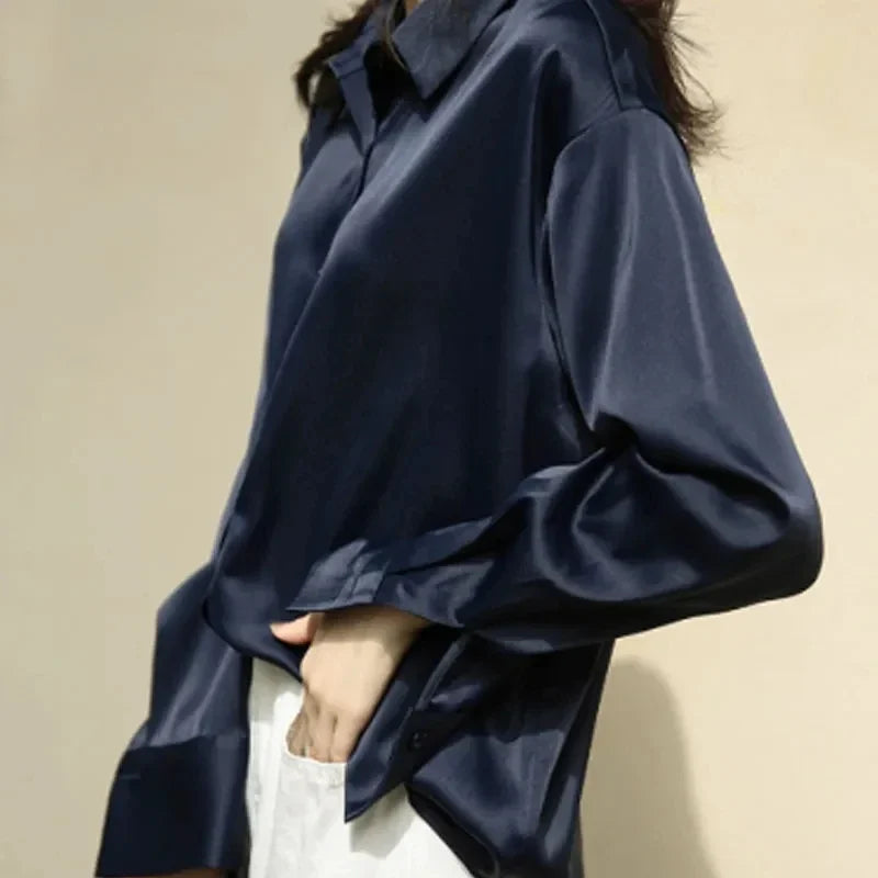 Spring Satin Button-Up Blouse for Women