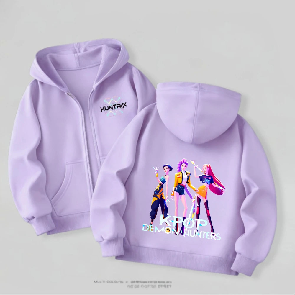 Kpop Demon Hunters Girls Hooded Jacket Spring New Kids Clothing Casual Cartoon Outerwear Children's Clothes Fashion Coats Thin