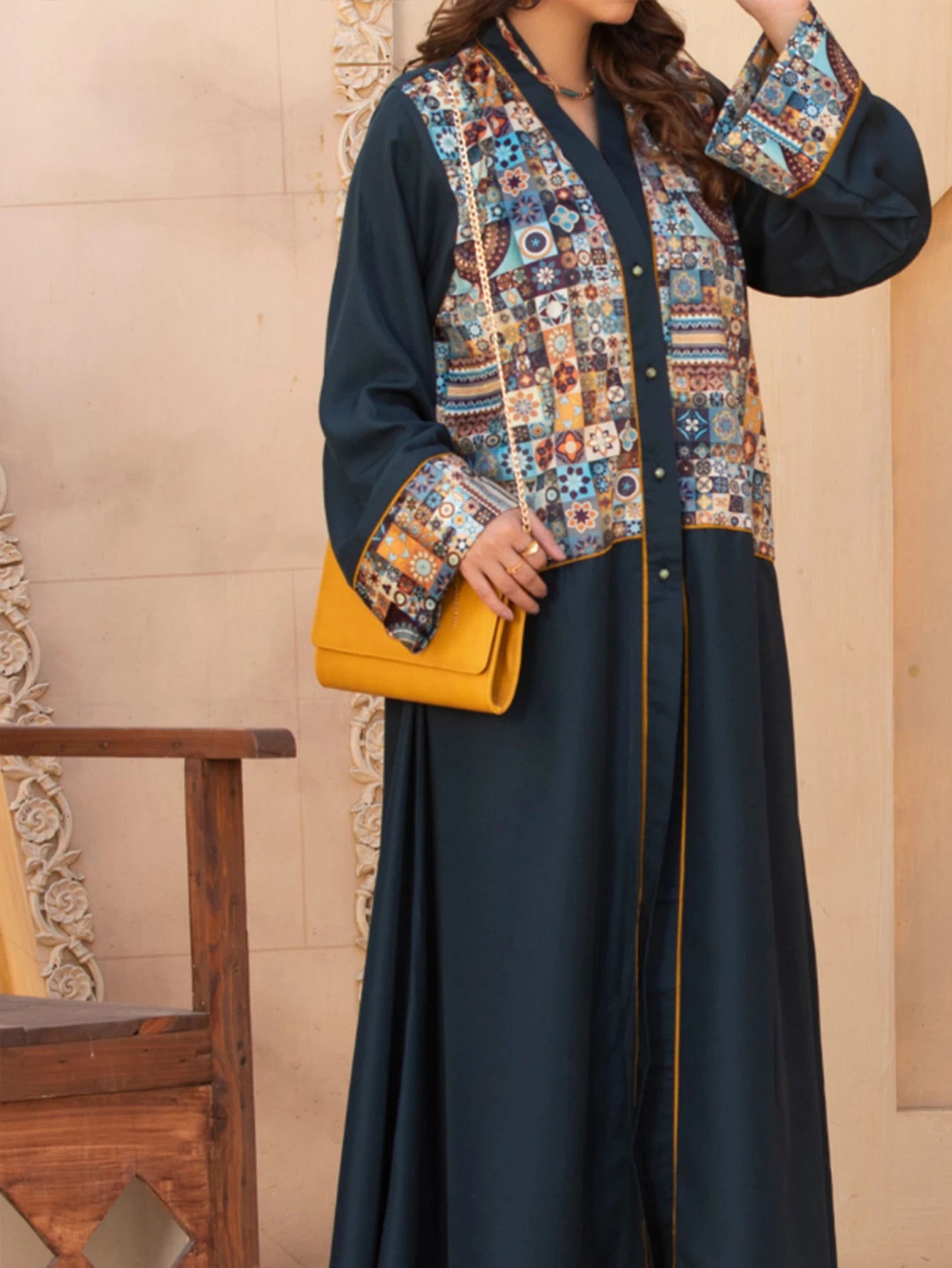 Middle Eastern Muslim Fashion Women's Printed Long-Sleeved Loose Elegant Arabic Cardigan Robe Abaya