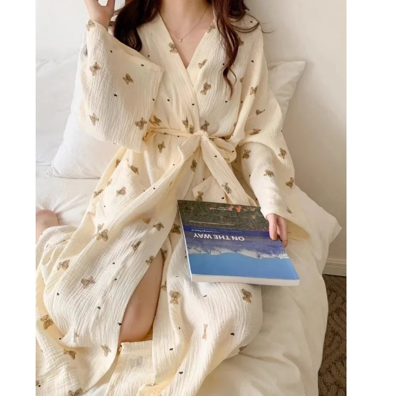 Sleeping Robe Female Spring and Fall New Japanese Ins Style Cute Bathrobe Bear Long-Sleeved Casual Princess Style Home Clothing