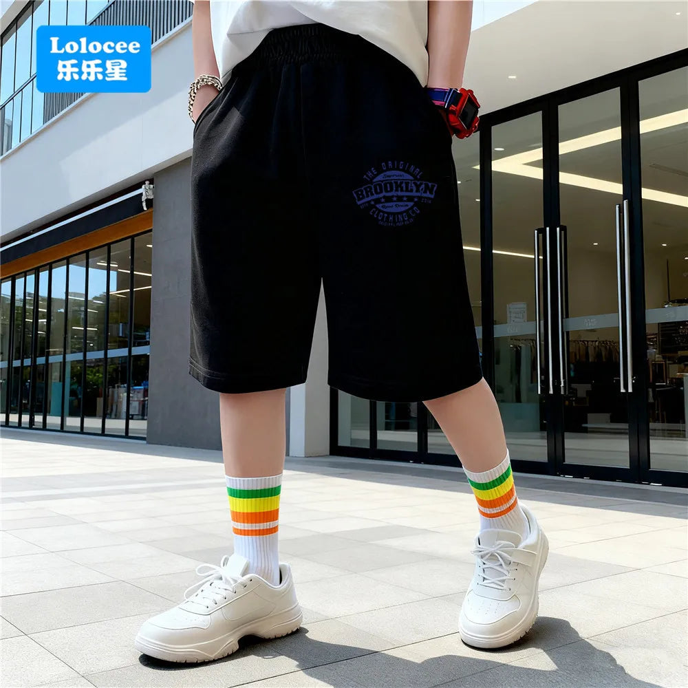 3-14years Boys' Shorts Kids Casual Straight Shorts NEW YORK Letter Print Black/Grey Color Elastic Waist Gym Sports Shorts ZMNY1