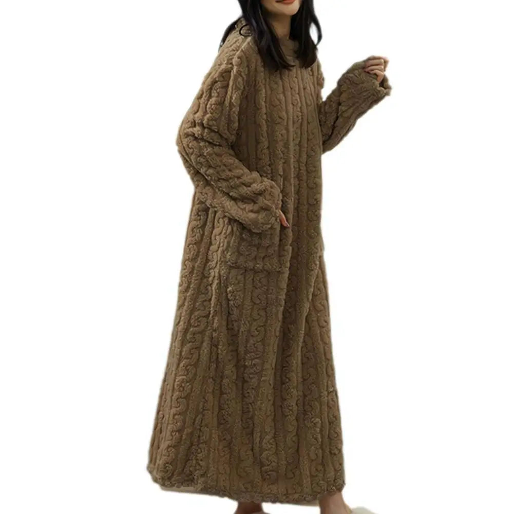 Winter Long Sleeve Double Pocket Flannel Nightgowns Women Loose Solid Sleepwear Jacquard Night Dress Thickened Warm Nightdress
