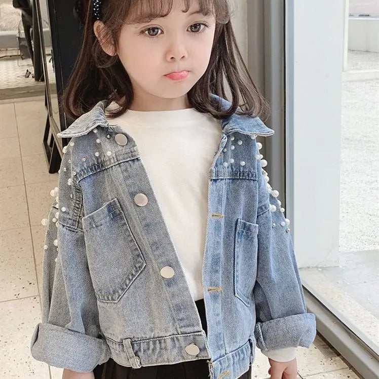 3-10 year old girl denim jacket 2025 new children's pearl long sleeved denim jacket baby Korean version personalized fashioncoat