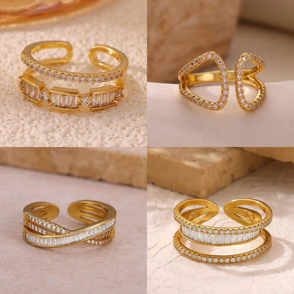 Shiny Rhinestone Ring For Women Party Gold Color Fashion Double Layer Zircon Anillos Geometric Jewelry Accessories 2026 New Gift