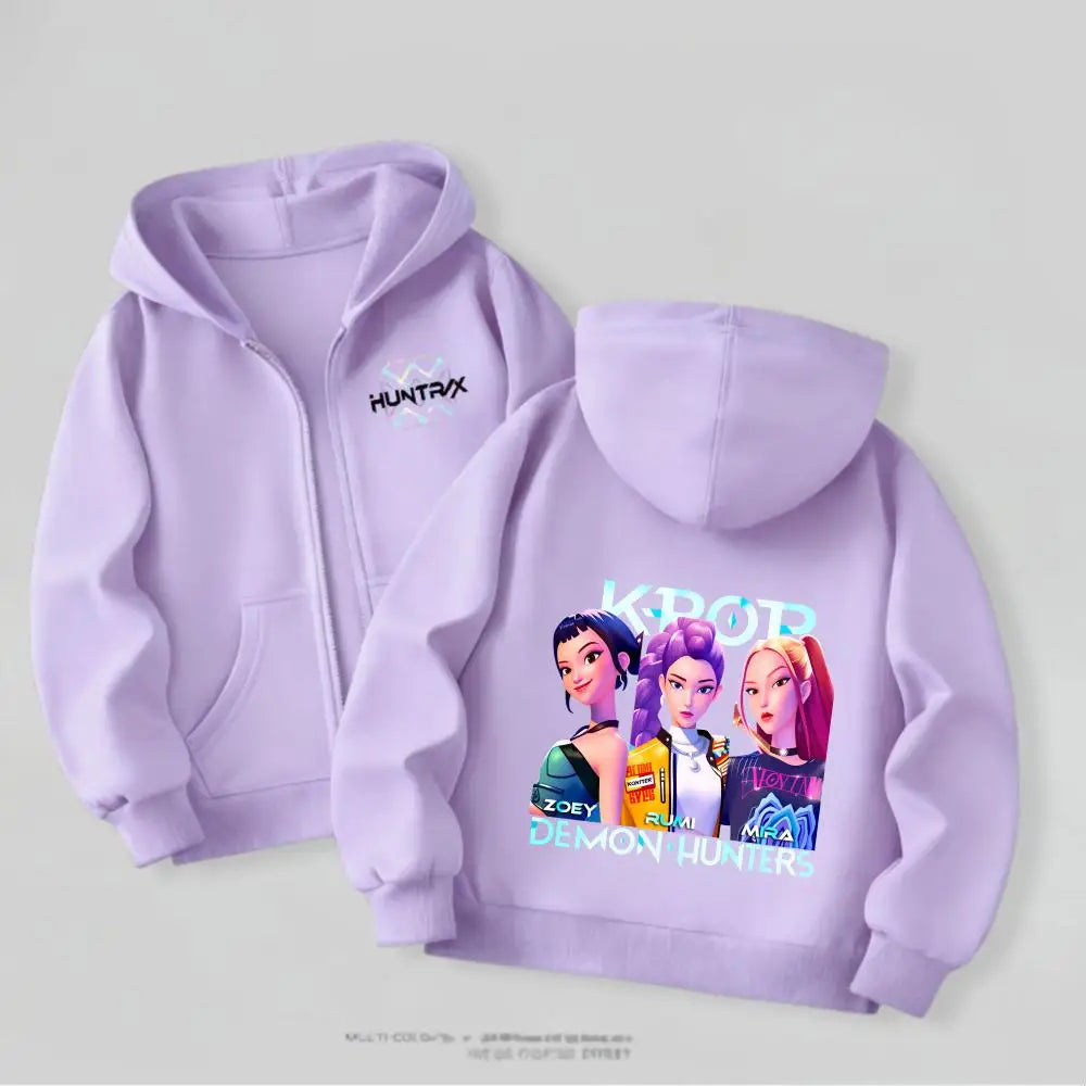Kpop Demon Hunters Girls Hooded Jacket Spring New Kids Clothing Casual Cartoon Outerwear Children's Clothes Fashion Coats Thin
