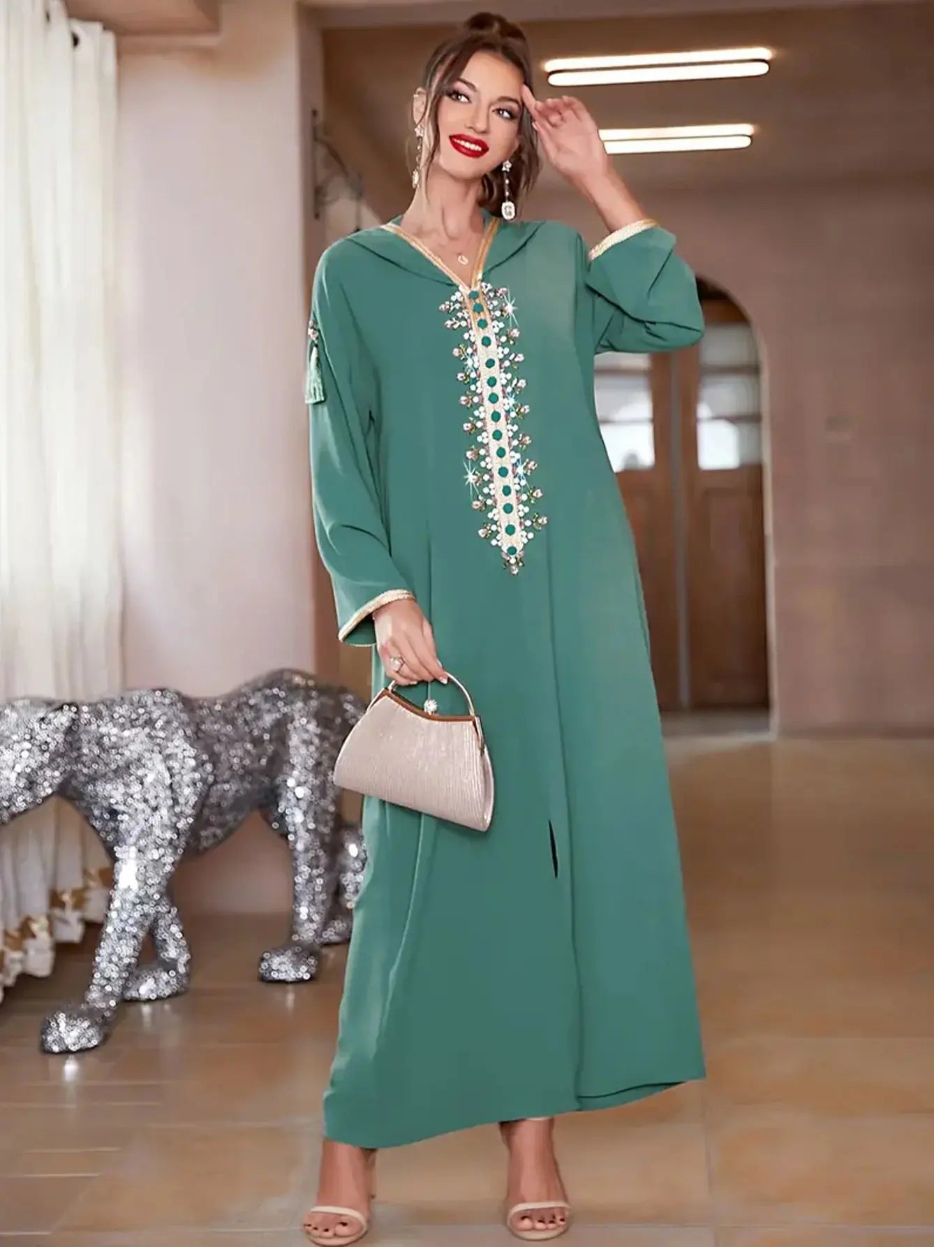 [Rhinestone Kaftan Dress] Elegant Rhinestone Hooded Kaftan Dress - Long Sleeve Ankle Length Women's Clothing