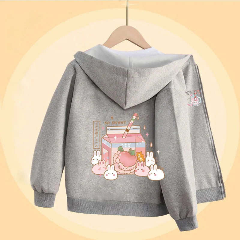 Girls Bubble Tea Cartoon Sweater Autumn Long Sleeved Coats with Zipper Pink Cute Hoodies 5-14T