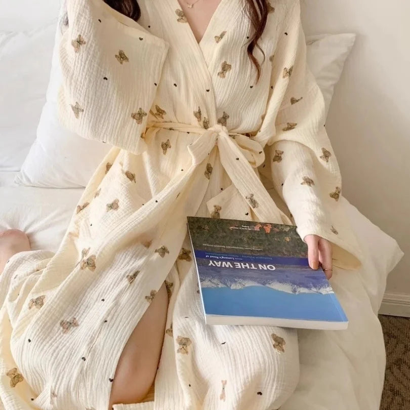 Sleeping Robe Female Spring and Fall New Japanese Ins Style Cute Bathrobe Bear Long-Sleeved Casual Princess Style Home Clothing