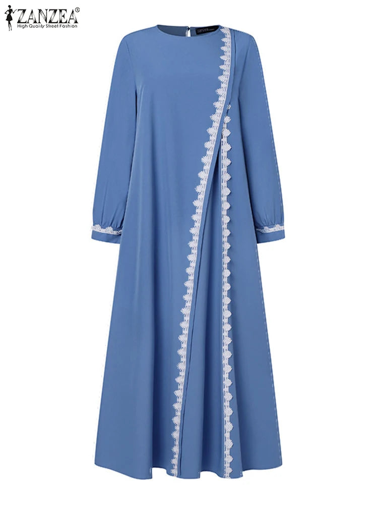 2025 Elegant O Neck Long Sleeve Dresses Women Autumn Maxi Dress ZANZEA Muslim Dubai Abaya Islamic Sundress Patchwork Vestidos