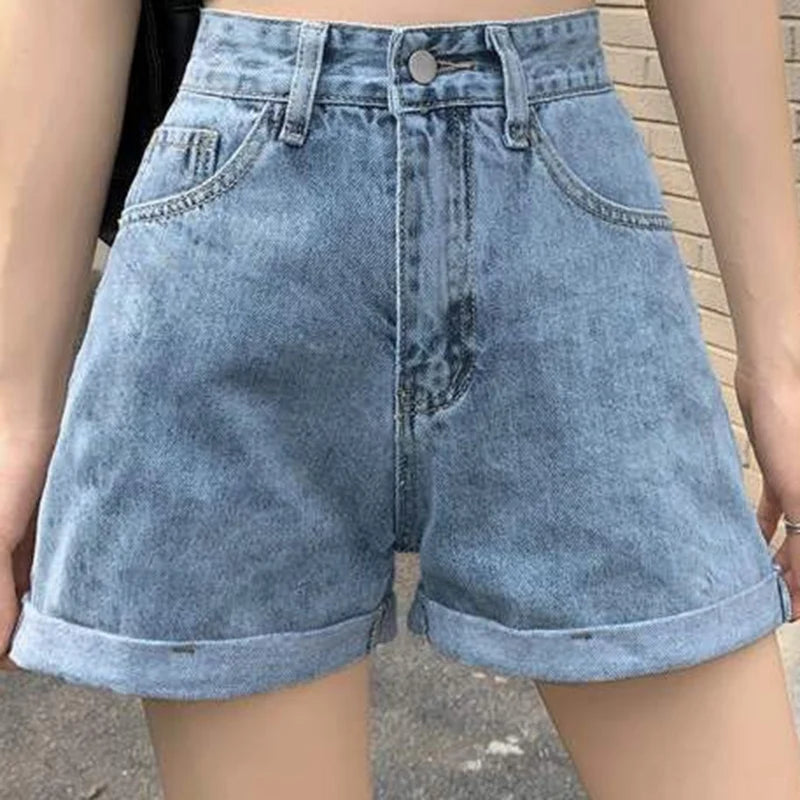 Summer 2026 New Women Rolled Edge Hot Denim Shorts Lady Korean Mini Pants Girls Elastic Blue Black Black Gray A Line Short Jeans