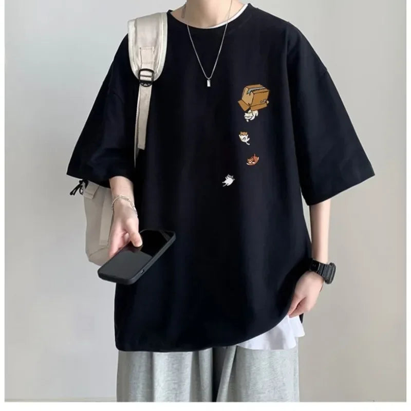 M-8XL Men Oversized Korean Fashion Loose American Vintage Carton Kitten Print Short Sleeve Versatile Trend Couple Outfit