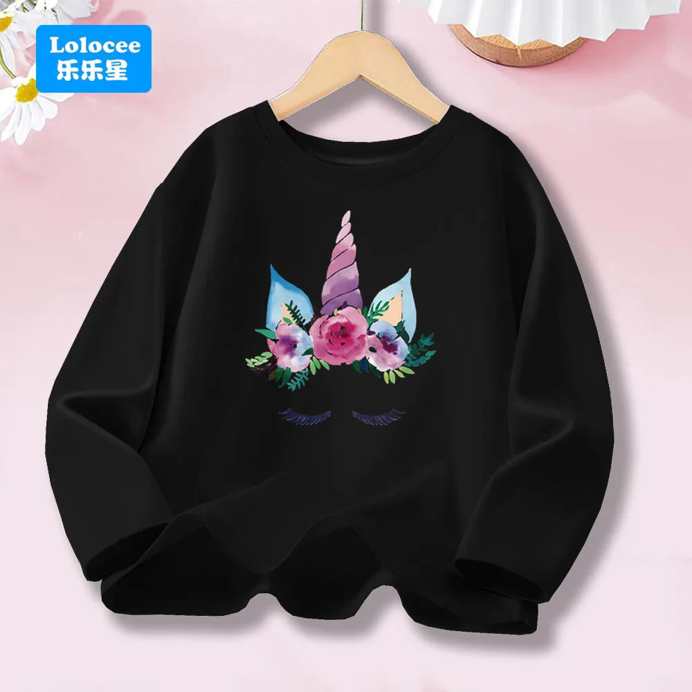 Girls Spring Autumn 8 colors Long Sleeve T-shirt Kids Floral Unicorn Graphic Tops Tee For Kids 3-14years DJSHH1